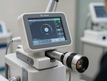 Sleek clinical laser interface displaying treatment parameters, clean glass and steel background