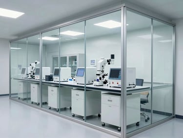 Architectural shot of a modern clinical testing facility with clean glass panels and white equipment.
