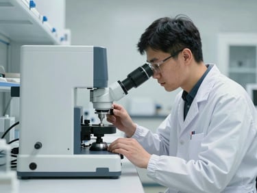 A professional biomedical engineer in a clean minimalist lab coat calibrating a high-end aesthetic device, bright clinical lighting, focused composition.