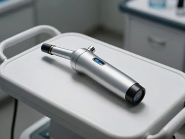 Sleek aesthetic laser handpiece resting on a pristine medical cart, soft shadows.