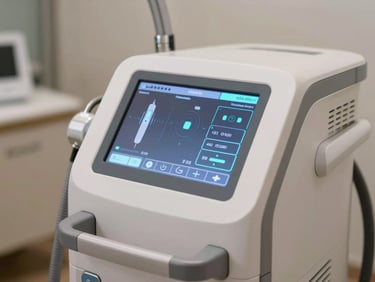 Close-up of a modern aesthetic laser device interface glowing with clinical data, pristine white medical office setting, high-end hospitality feel.