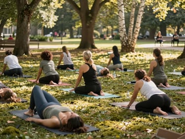 Outdoor community yoga session in a park under dappled tree light, diverse participants, focus on natural setting and connection.