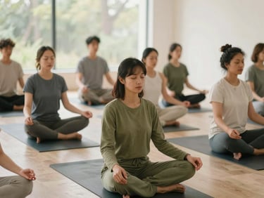 Diverse group of people in comfortable clothing practicing gentle meditation in a spacious, light-filled room, soft diffused light, focus on community and shared experience.