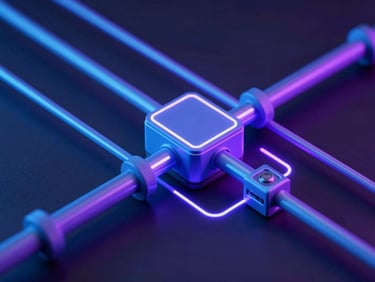 Clean isometric technical diagram showing a model pipeline architecture with cool blue and violet neon lines on a dark background, sharp details
