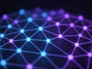 Abstract 3D nodal network visualization with glowing blue and violet connections, shallow depth of field, high contrast dark theme