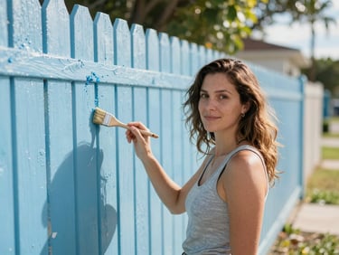 Candid portrait of a woman holding a paintbrush near a freshly painted community fence, bright sunlight, 35mm.
