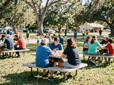 Families gathered around picnic tables in a sun-drenched park, children playing in the background, warm natural light, local community event, 35mm