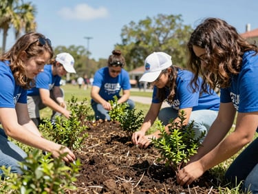 Candid shot of volunteers planting native Florida shrubs in a sunny park, hands in soil, bright natural sunlight, active community feel, 35mm
