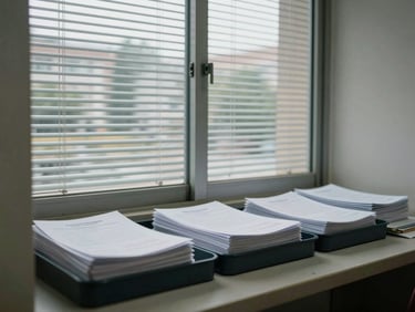 Environmental shot inside a university registrar's office, a service window with paper application forms stacked in sorted trays, overcast daylight through institutional blinds, documentary framing, no people