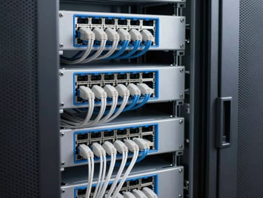 Clean, organized network cabling in a server room, blue accent lighting, sharp focus, 35mm lens