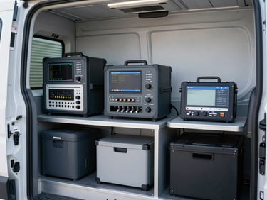 Interior shot of an ITEAM service van, organized with specialized network testing equipment and critical spare parts, clean cool-toned lighting, sharp focus.