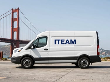 Branded ITEAM service van, clean and modern, parked precisely in front of the Golden Gate Bridge at neutral daylight, wide-angle shot, sharp focus.