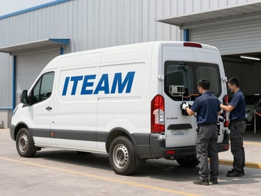 Branded ITEAM service vehicle parked at a commercial building, technicians unloading equipment, bright neutral daylight, sharp focus, 35mm lens