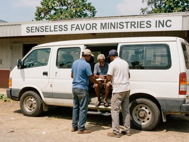 SENSELESS FAVOR MINISTRIES INC vehicle parked outside a community clinic in rural Louisiana, a team member assisting an elderly person into the van. Warm natural daylight, authentic community setting.