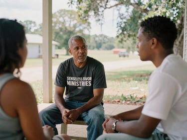 Two SENSELESS FAVOR MINISTRIES INC team members in conversation with a community member on a porch in rural Louisiana, warm and candid interaction, natural southern daylight, 35mm film aesthetic.