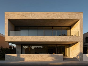 Minimalist contemporary luxury residence in Madrid, architectural concrete, warm evening light, high-end editorial photography.