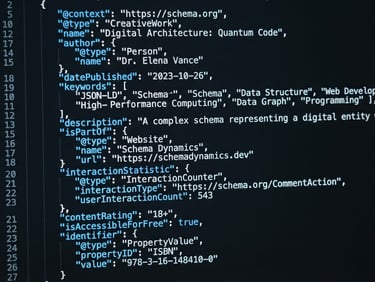 Macro close-up of a high-performance clean JSON-LD schema code block on a dark monitor screen, electric blue highlights, sharp focus, 35mm