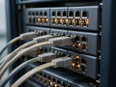Macro shot of network cables and server racks, with a subtle glow from indicator lights, high contrast, technical focus, 35mm