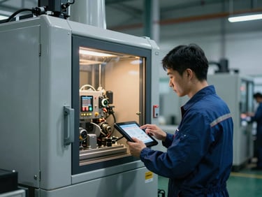 Medium-wide shot of a factory maintenance technician interacting with a diagnostic tablet connected to a large industrial machine, cool daylight, warm indicator lights, sharp focus, 35mm