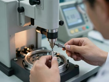 Macro shot of a quality control engineer inspecting a component with precision tools, digital display showing measurements, cool industrial lighting, sharp focus, 35mm