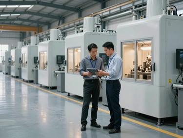 Wide shot of a clean, modern factory floor with a consultant and an operator reviewing data on a tablet, large industrial machinery in the background, cool daylight, sharp focus, 35mm