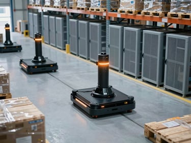 Wide shot of a well-organized industrial warehouse with automated guided vehicles (AGVs) moving pallets, clean server racks visible, cool daylight, sharp focus, 35mm