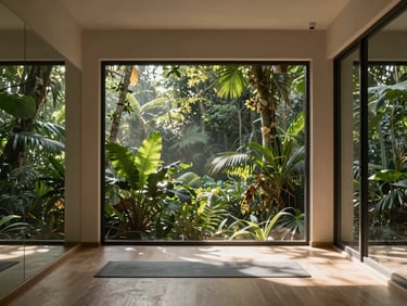 A high-end minimal yoga studio interior with large glass windows overlooking a dense, lush green jungle. Soft morning light filters through the canopy.