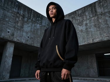 Low-angle dramatic shot of a model wearing an oversized black hoodie in a concrete brutalist courtyard, sharp side lighting, gold chain details, 35mm photography