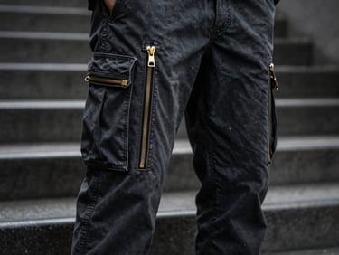 Close-up shot of dark grey cargo pants with gold zippers, urban concrete stairs background.