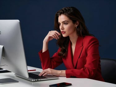 High-contrast editorial portrait of a female designer working in a modern creative workspace, crisp studio lighting, 35mm lens