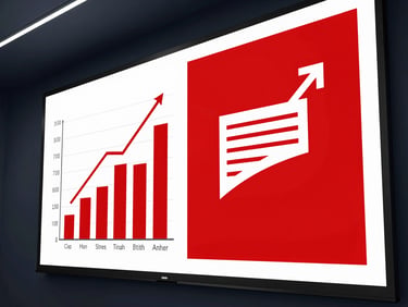 Angled shot of a high-contrast marketing presentation on a large screen in a dark boardroom, bold red charts and clean typography visible.