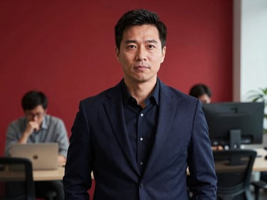 High-contrast editorial portrait of a male marketing strategist in a cool-toned collaborative office space, 35mm lens