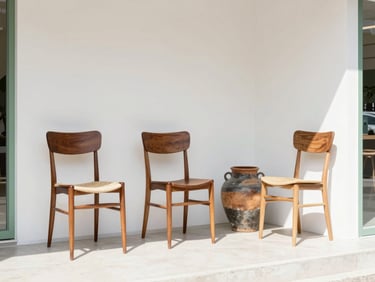 Bright sunlit storefront corner featuring curated mid-century chairs and rustic pottery, clean minimalist arrangement, daylight, 35mm