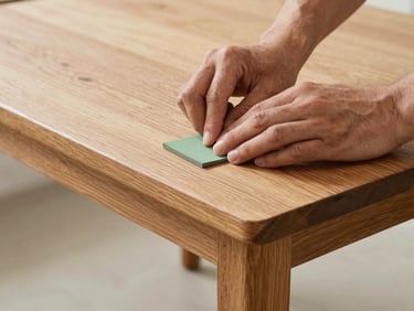 Close-up of a craftsman's hands carefully sanding the corner of a vintage oak table, fine wood grain details, warm natural workshop light, 35mm