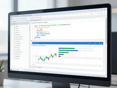 Close-up of a high-end monitor displaying structured financial tables and charts, clean code structure, soft daylight, cool blue tones