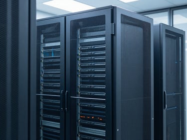 Modern high-end server rack in a secure data center, cool blue and slate tones, sharp focus, architectural framing, 35mm
