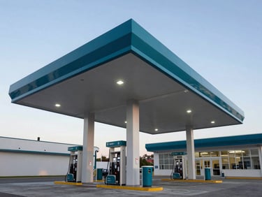 Modern gas station canopy at dusk, clean architecture, sharp focus, cool teal accents