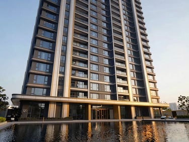 Wide-angle exterior of DLF The Arbour, contemporary high-rise with unique facade elements, crisp bright lighting, reflection in a water feature, premium architectural photography.