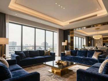 Luxurious interior living space in a Sector 65 apartment, Gurugram, with floor-to-ceiling windows overlooking city, crisp bright lighting, premium finishes.