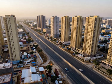 Drone shot of the Dwarka Expressway under construction, showing wide lanes and surrounding new residential towers, bright daylight, wide-angle.
