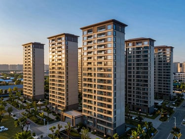 Drone shot of M3M Mansion, modern residential towers against a clear blue sky, surrounding green spaces, showing scale and prime location, luxury real estate photography.