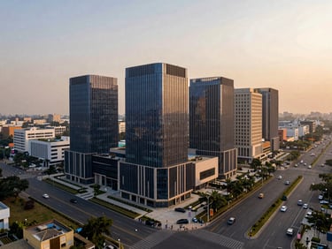 Wide-angle view of Southern Peripheral Road (SPR), Gurugram, with modern commercial buildings and developing infrastructure, warm light, premium architectural photography.
