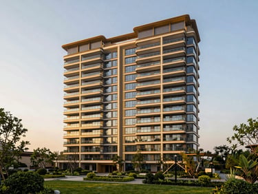 Architectural shot of DLF Privana North, modern high-rise with expansive glass balconies, warm golden hour sunlight, lush green landscaping, luxury residential photography.