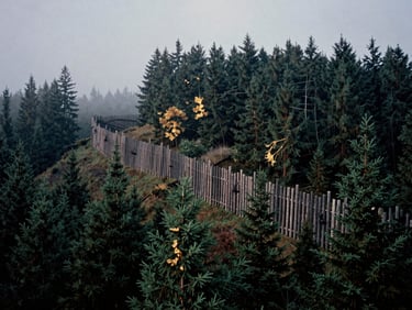 Wide shot of a massive wooden palisade on a steep forested hill, morning mist, deep green pine trees, moody overcast sky, 35mm film grain