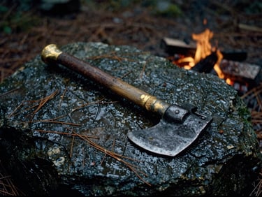 A forged iron battle axe resting on a dark wet stone surface, pine needles nearby, firelight glow, deep shadows, 35mm film grain