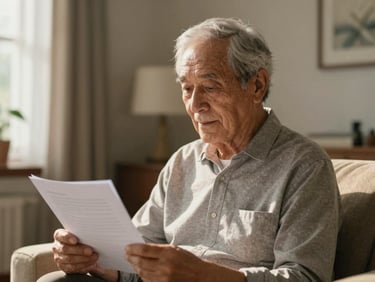 Dignified elderly man in a warm living room reading a document, soft morning light filtering through the window, focusing on his calm expression.
