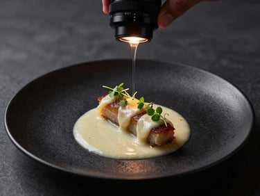 Close-up of a fine dining course plated on a matte black plate, sauce applied with precision, micro-herb garnish, single spotlight from above against a dark neutral surface