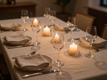 Intimate private dining room set for eight, candlelight reflecting off polished silverware and stemware, warm golden light, linen napkins folded precisely, no guests