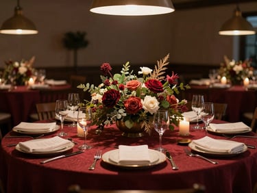 Holiday banquet table with seasonal centerpiece arrangements, rich garnished platters, candlelight, and deep jewel-toned linens under warm overhead light, no guests