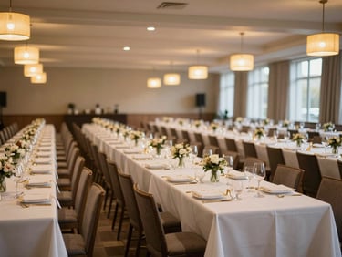 Wide-angle view of an elegantly set banquet hall at a corporate dinner event, long tables with white linen and gold flatware extending into soft bokeh background, warm golden-hour pendant lighting overhead, no guests present — the room captured at peak readiness before service, generous negative space at the top of the frame